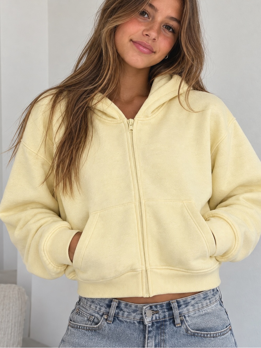 abercrombie kids butter Yellow Zip-Up Cropped Hoodie